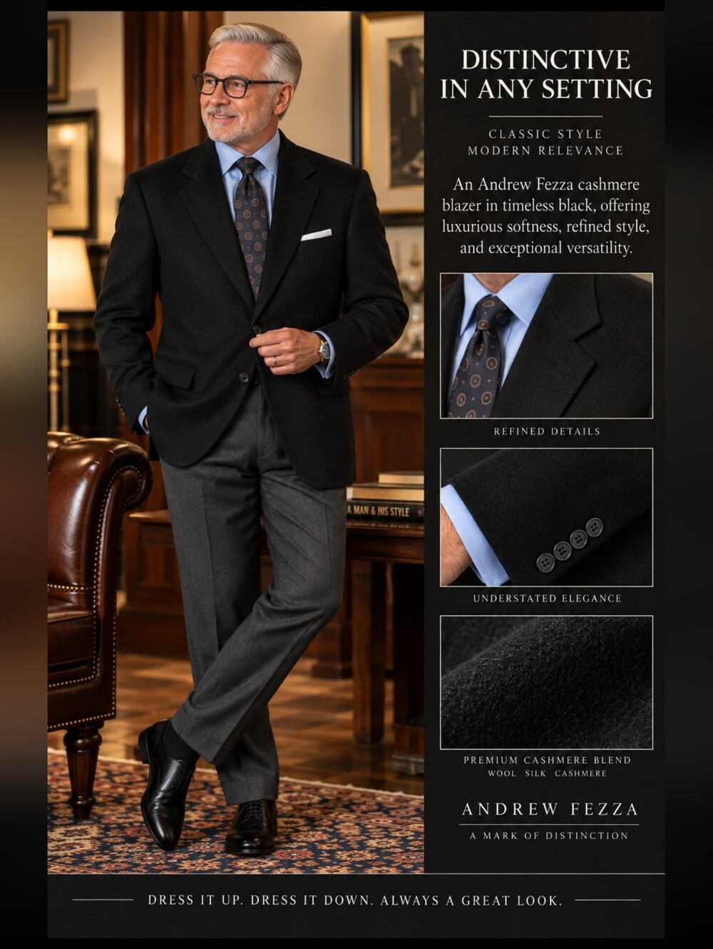 Andrew Fezza Black Wool Silk Cashmere Sport Coat Blazer